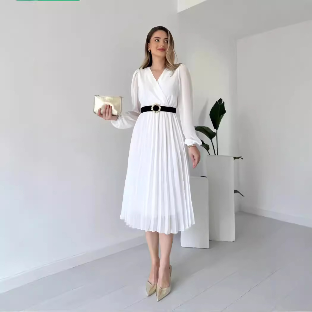 H29220 Women's 2024 Autumn French New Style Solid Color Long Sleeve V-Neck Waist Pleated Temperament Dress