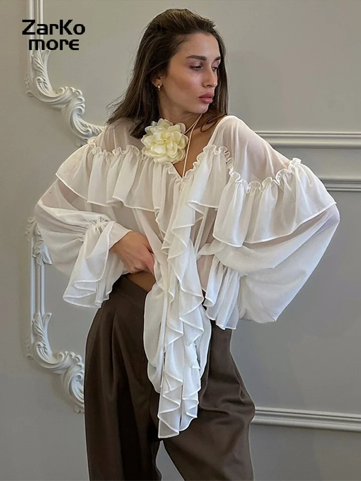 Womens Chiffon Ruffle Shirts White Loose V-neck Lantern Sleeve See Through Blouses Spring Summer Lady Commute Outwears 250306