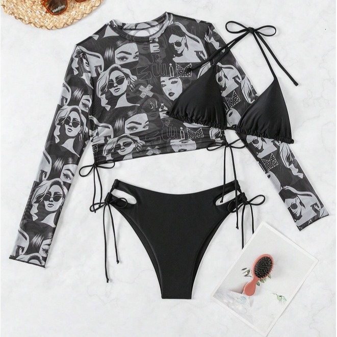New Bikini Womens Long Sleeve Split Swimsuit Digital Printed Swimsuit
