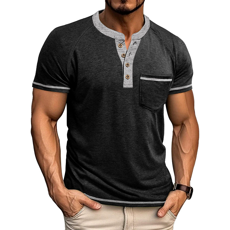 XXXL T-shirts Summer Men's Short-sleeved Henry Shirt Buttons Retro T-shirt Color Matching Polos Clothes Male Pullovers Tops Tees Dark Grey Green 