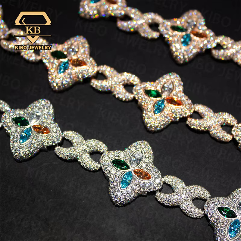 Fashion Hip Hop Jewelry 22mm Rose Gold 925 Sterling Silver Colored Moissanite Diamond Four Leaf Clover Infinity Link Chain