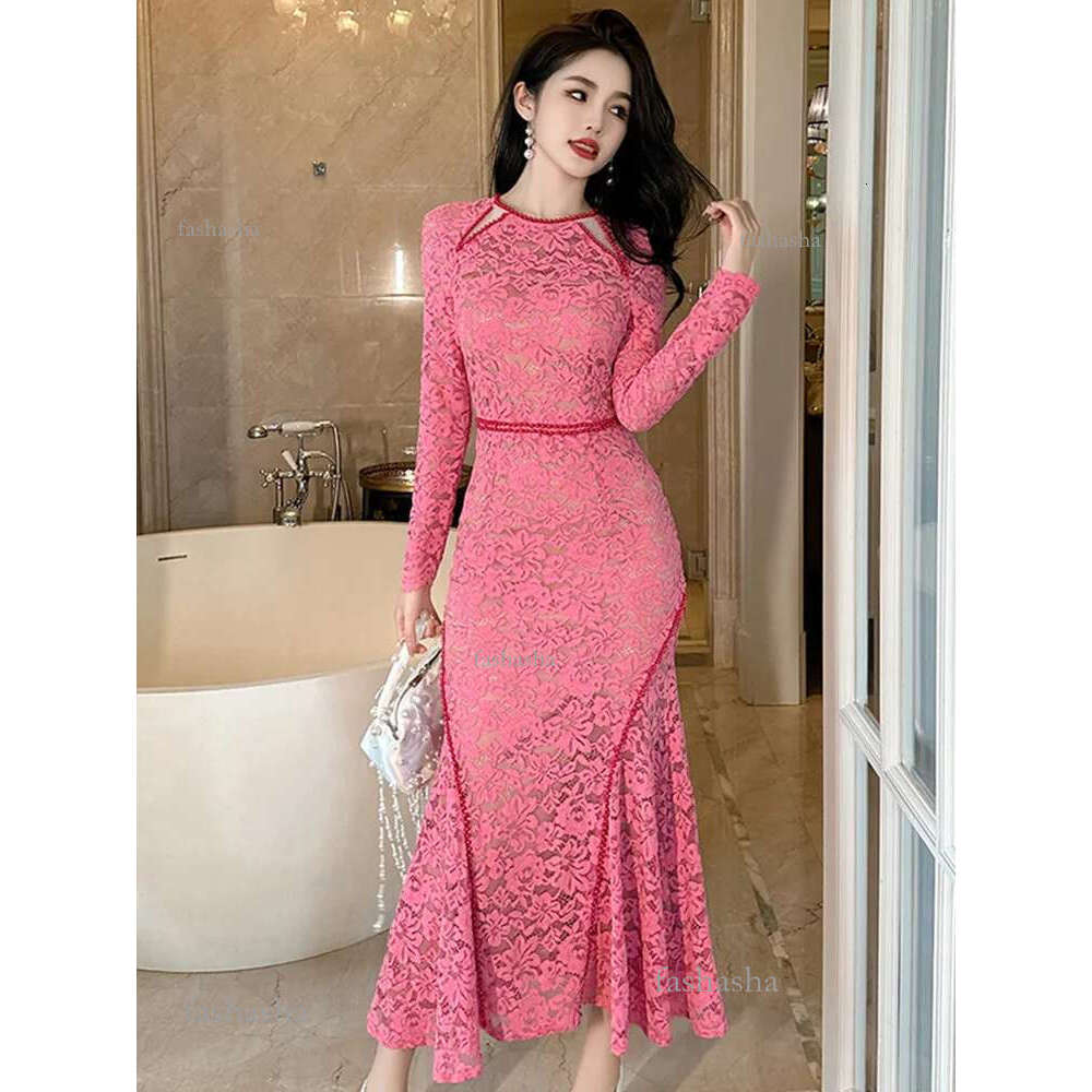 Casual Dresses French Prom Dresses For Women 2024 Elegant Vintage See Through Lace Hook Flower Hollow Fishtail Robe Femme Party Vestidos Sp