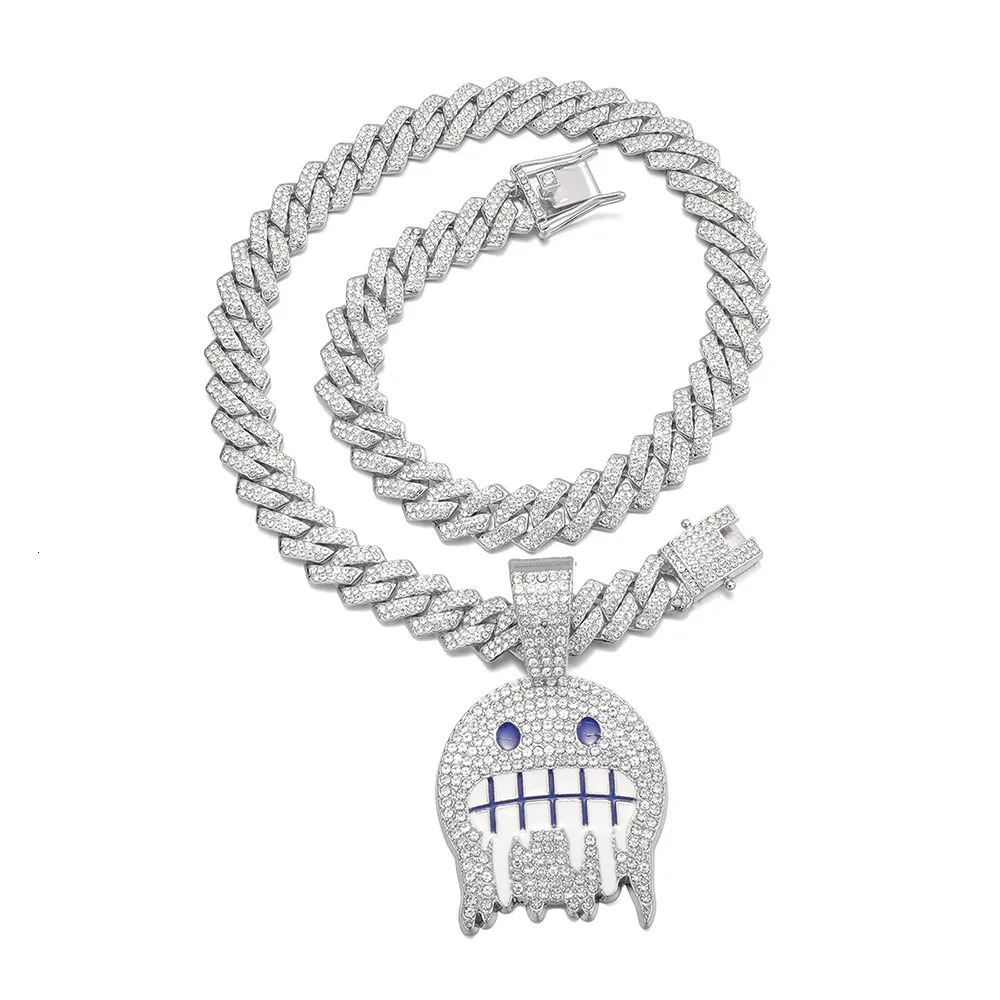 Men White Blue Cubic Zirconia Paved Hip Hop Round Face Pendants Necklaces with Cuban Chain Iced Out Bling CZ Fashion Boy Jewelry 250227
