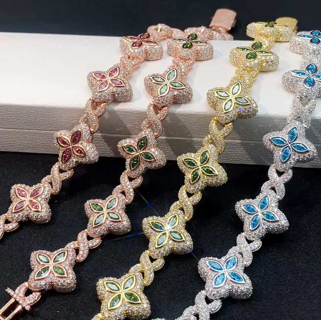 Fashion New Design Color Marquise Clover Hip Hop Moissanite 22mm 925 Sterling Silver Cuban Link Chain Infinity Necklace