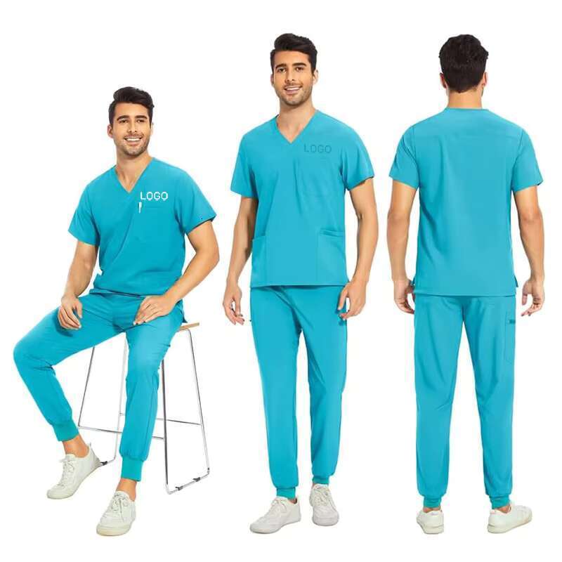 Anti-Wrinkle Stretch Men Nursing Medical Scrubs Uniform Set V-Neck Scrub Top and Yoga Waistband Jogger Pant With 8 Pockets