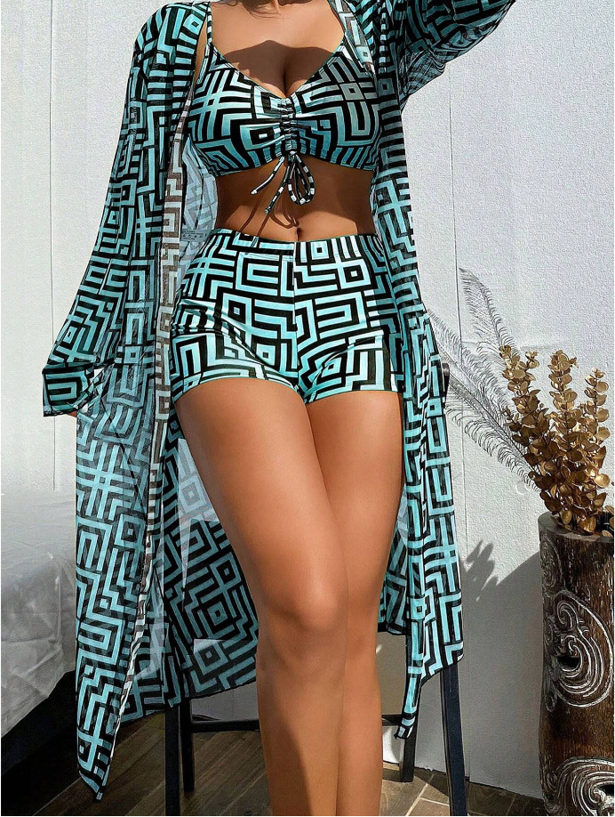 New Womens Split Swimsuit Cover Up Three Piece Set Gathered for Beach High Waisted Flat Angle Pants Swimming
