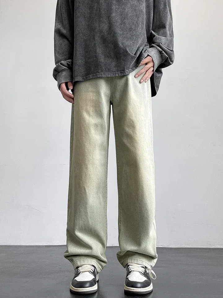 2025 Korean style mens casual long jeans classic straight denim wide leg pants solid color light blue gray up to 3XL y250305
