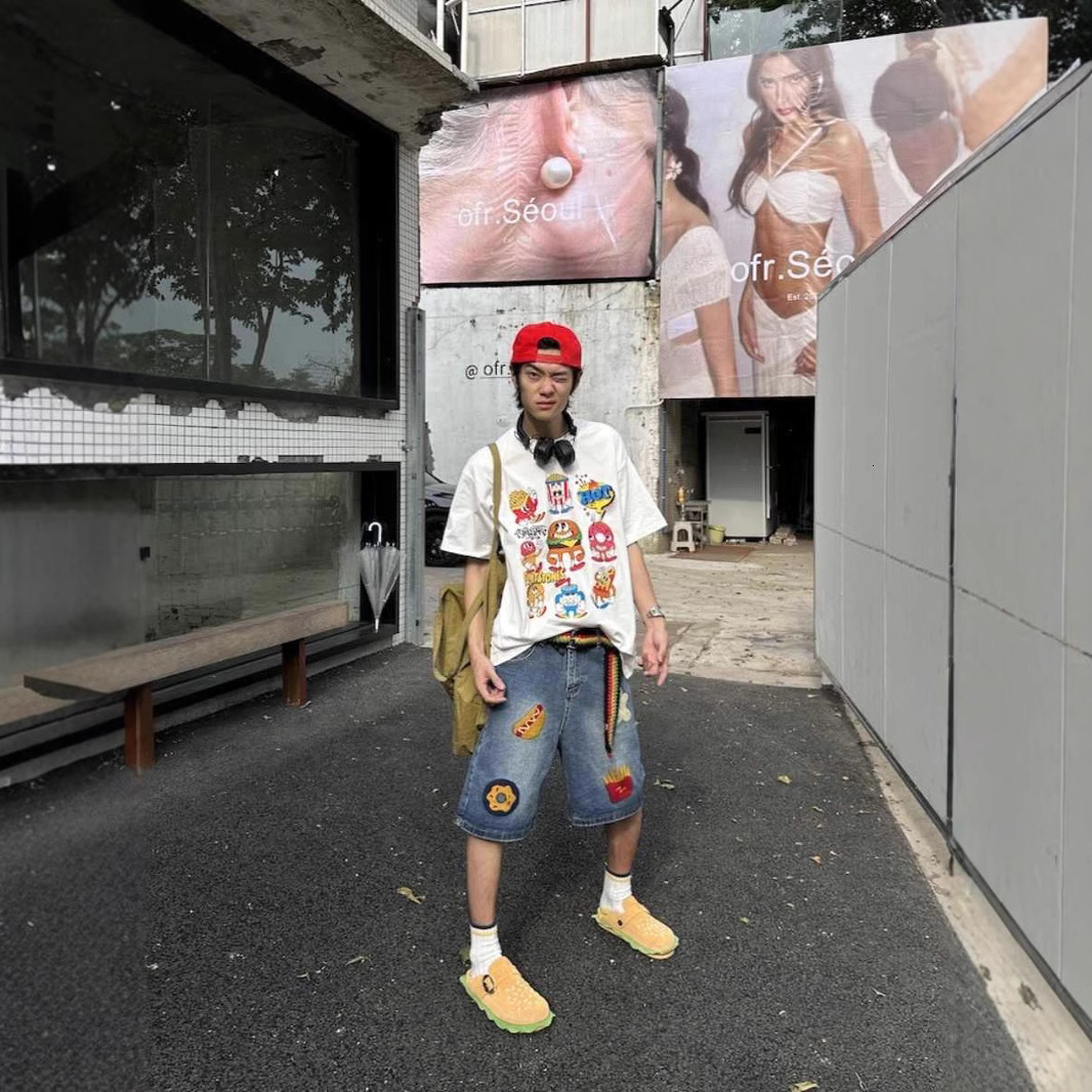 American Street Harajuku Retro Denim Shorts with Letter Embroidery Oversized Jeans Men Y2k Loose Casual Versatile Shorts Women 240701