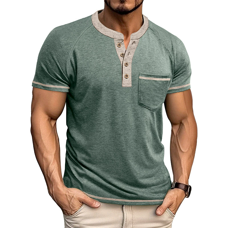 XXXL T-shirts Summer Men's Short-sleeved Henry Shirt Buttons Retro T-shirt Color Matching Polos Clothes Male Pullovers Tops Tees Dark Grey Green 