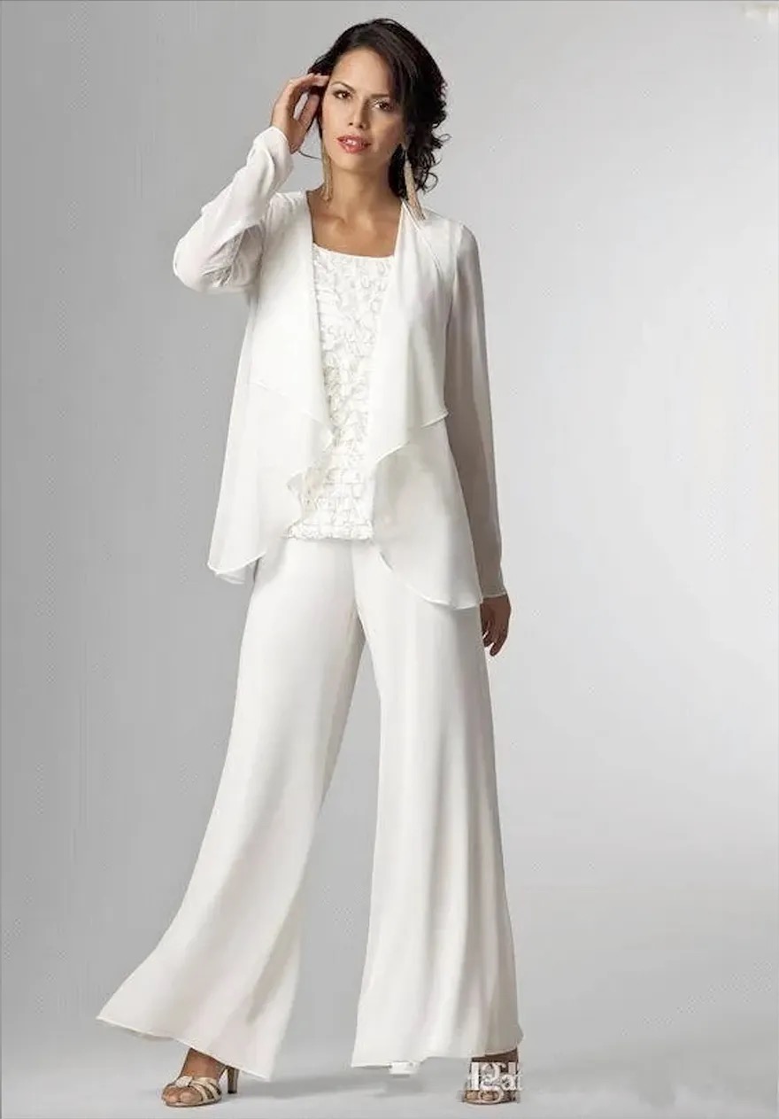 White Chiffon Of Bride Lady Mother Groom Pants With Jacket Women Formal Trouser Suits