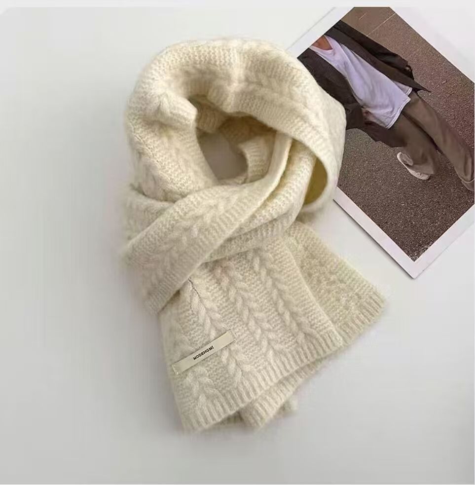 K074 Avocado green wool knitted wool scarf for women autumn and winter Korean style solid color warm thick student twisted scarf