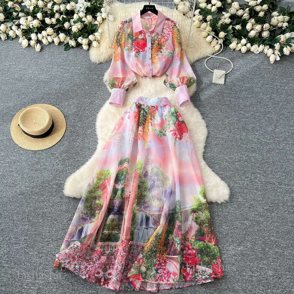 Two Piece Dress Women Summer Bohemian Floral Print Skirt Set Long Sleeve Blouses Tops & High Waist Pleated Maxi Skirt Female Two Piece Suits