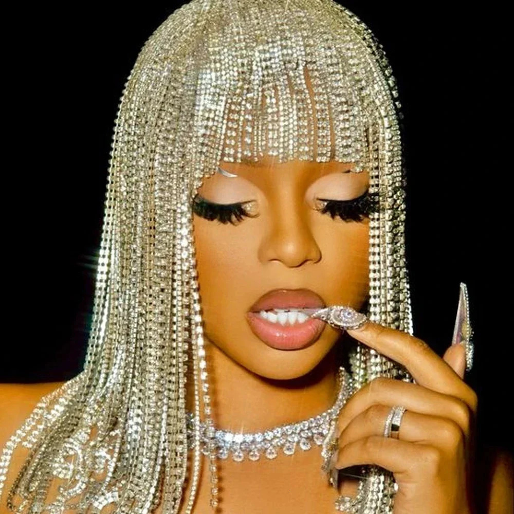 Gorgeous long tassel headpiece rhinestone hair chain headband sparkling bridal hat womens crystal hollow headband jewelry 250303