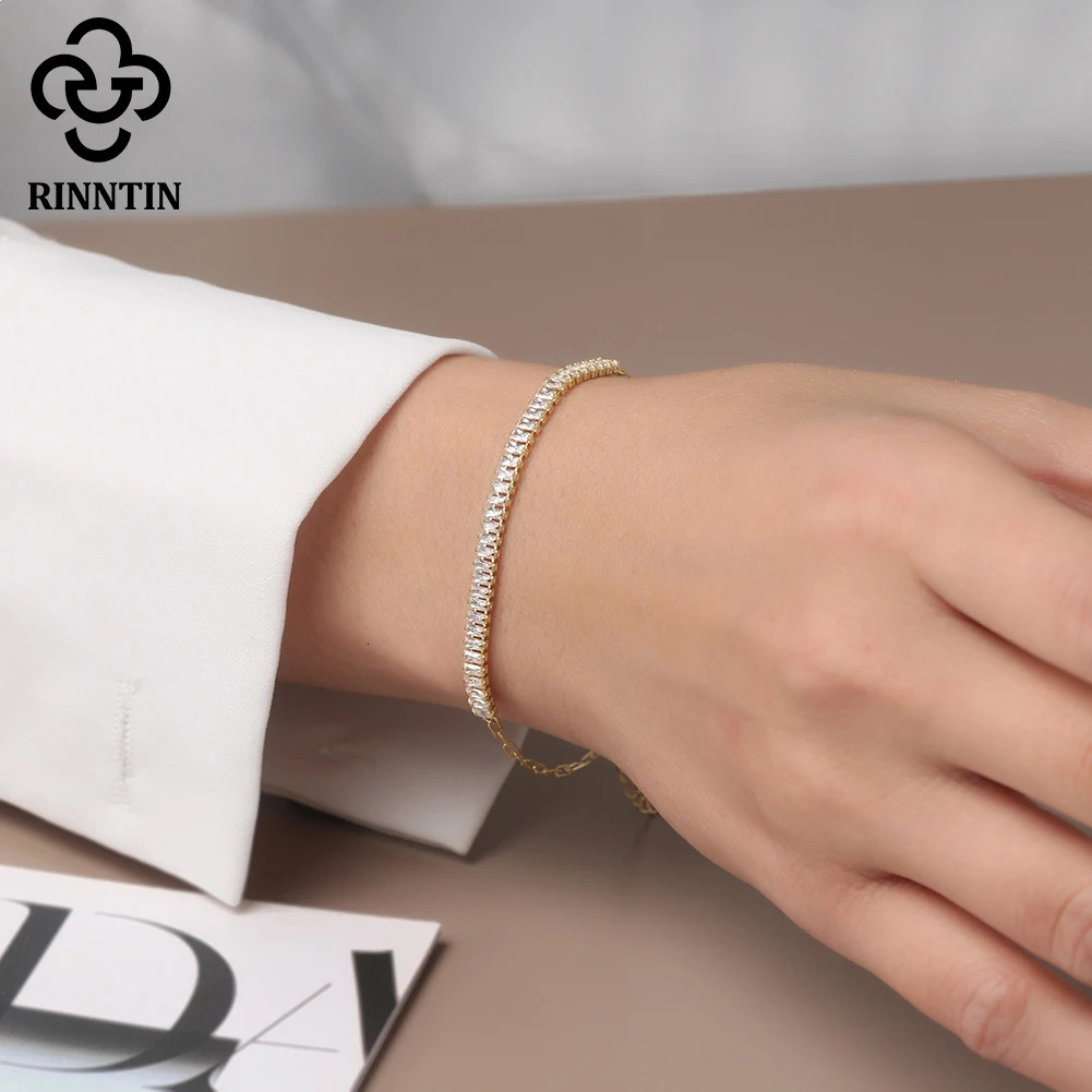 Description 925 Silver Sparkling 3mm Emerald Shape Womens Tennis Zircon Bracelet Original Charm Paperclip Bracelet SB215 250303