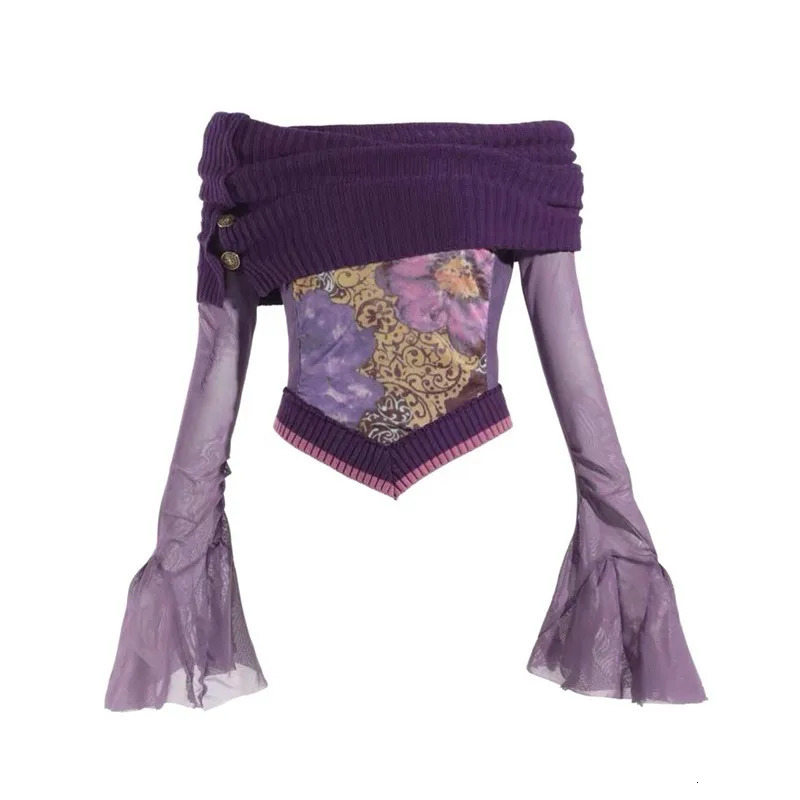 Karrcat Japanese Y2k Off Shoulder Top Grunge Aesthetics Knitted Mesh Top Vintage Trashy 2000s Flare Sleeve Purple T Shirt Gothic250304