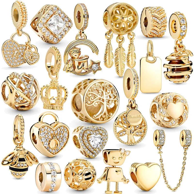 925 Sterling Silver Gold Color Family Tree Heart Crown Pendant Charm Fit S925 Bracelet DIY for Women Jewelry Gift