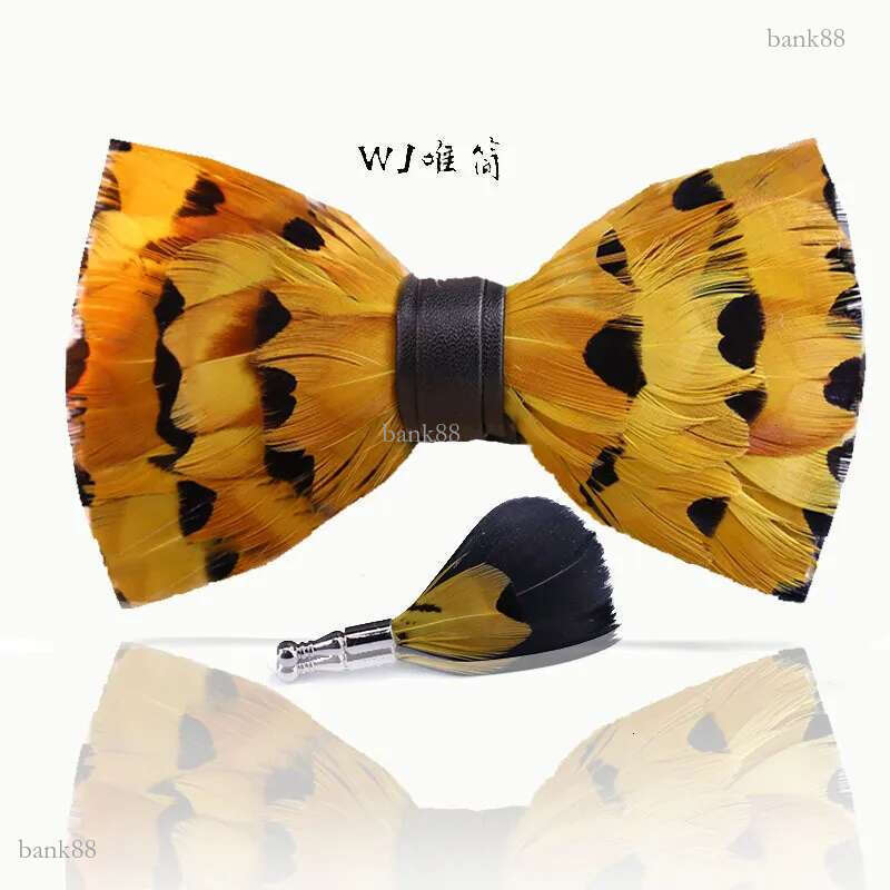 Feather Bow Tie Brooch Set - Wooden Gift Box For Men's Accessories Wedding Party Birthday 24