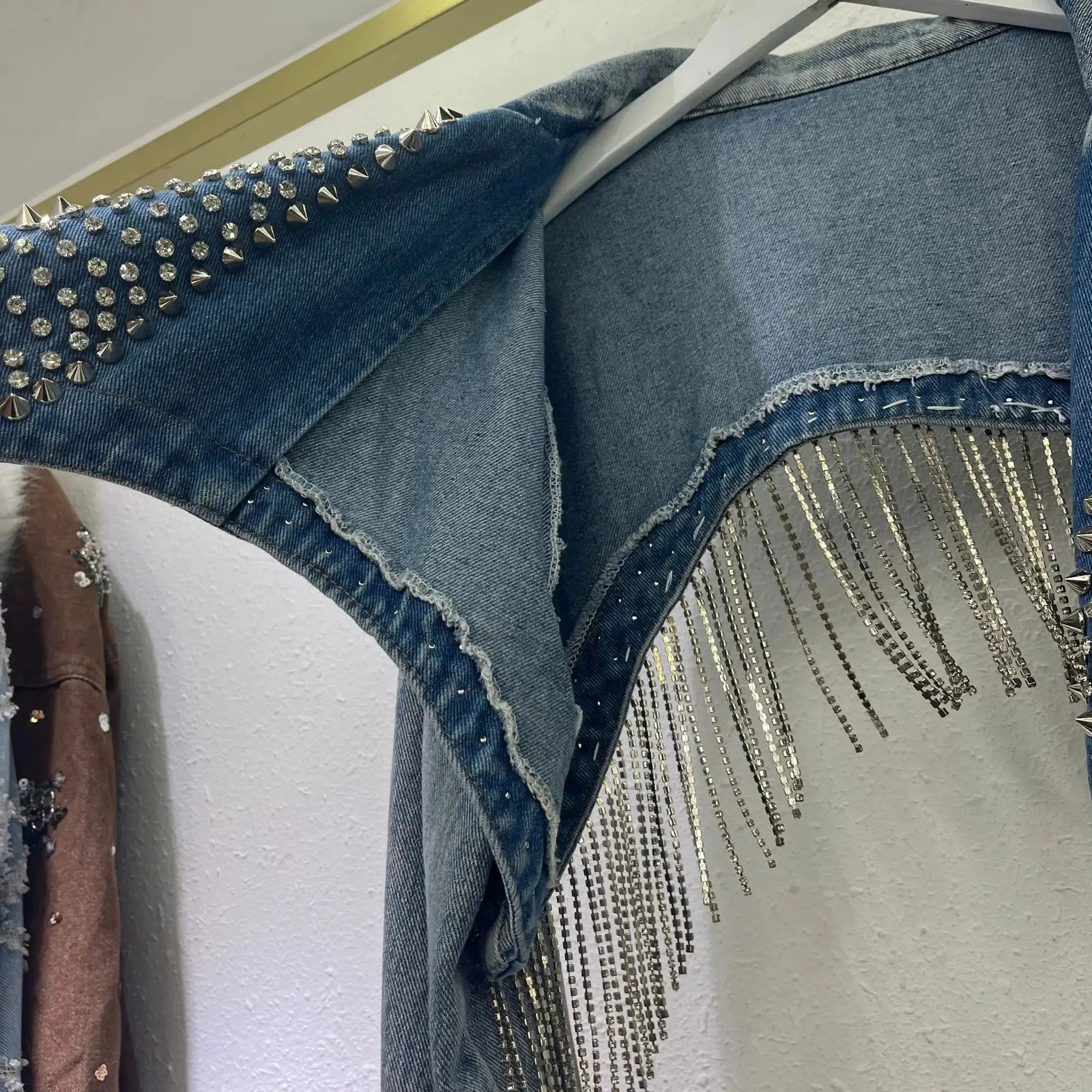 American style n emotional high waisted denim jacket retro cut ruffled edge decoration womens cardigan 250226