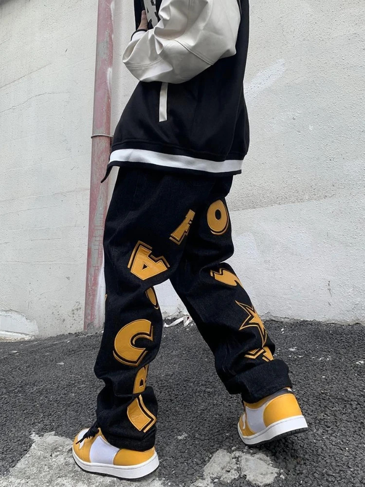 Trousers Straight Man Cowboy Pants with Print Mens Jeans Hip Hop Star Cotton Trend Stacked 90s Streetwear Y2k Vintage Kpop 250306