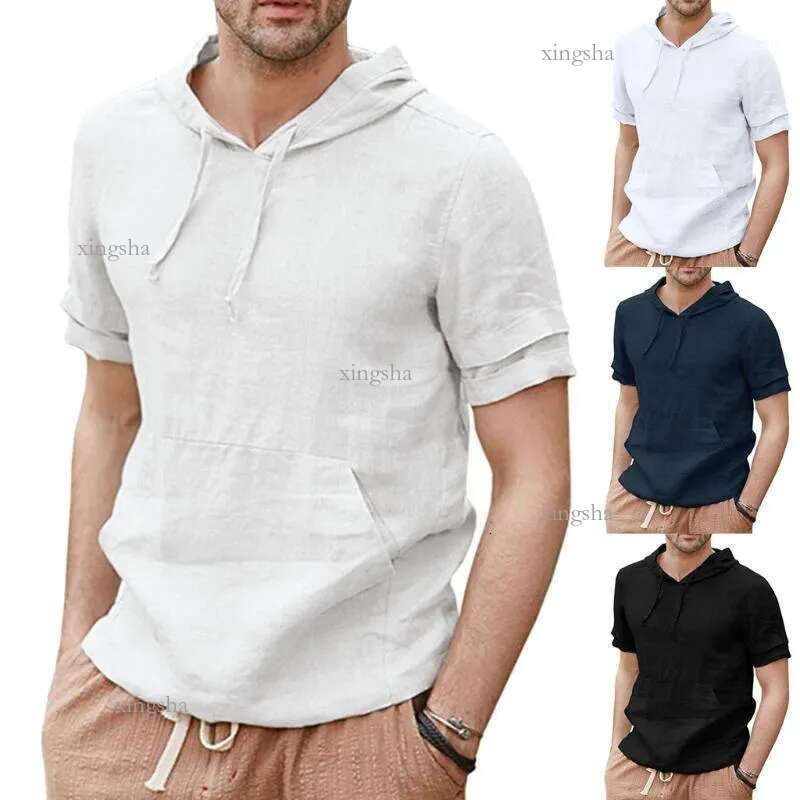 Mens Hooded Tshirt Summer Linen Shirts Pullover Hoodie Casual Lightweight Short Sleeve T Shirts Tops Men Harajuku Camiseta 2