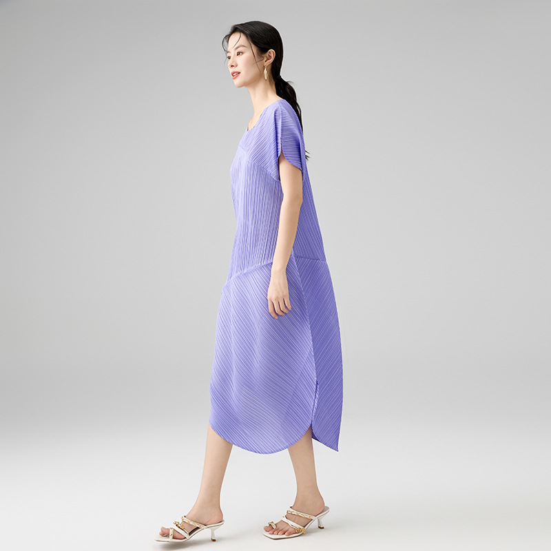 L11170 New summer fashion design temperament slim round neck short sleeve fold irregular dress for women