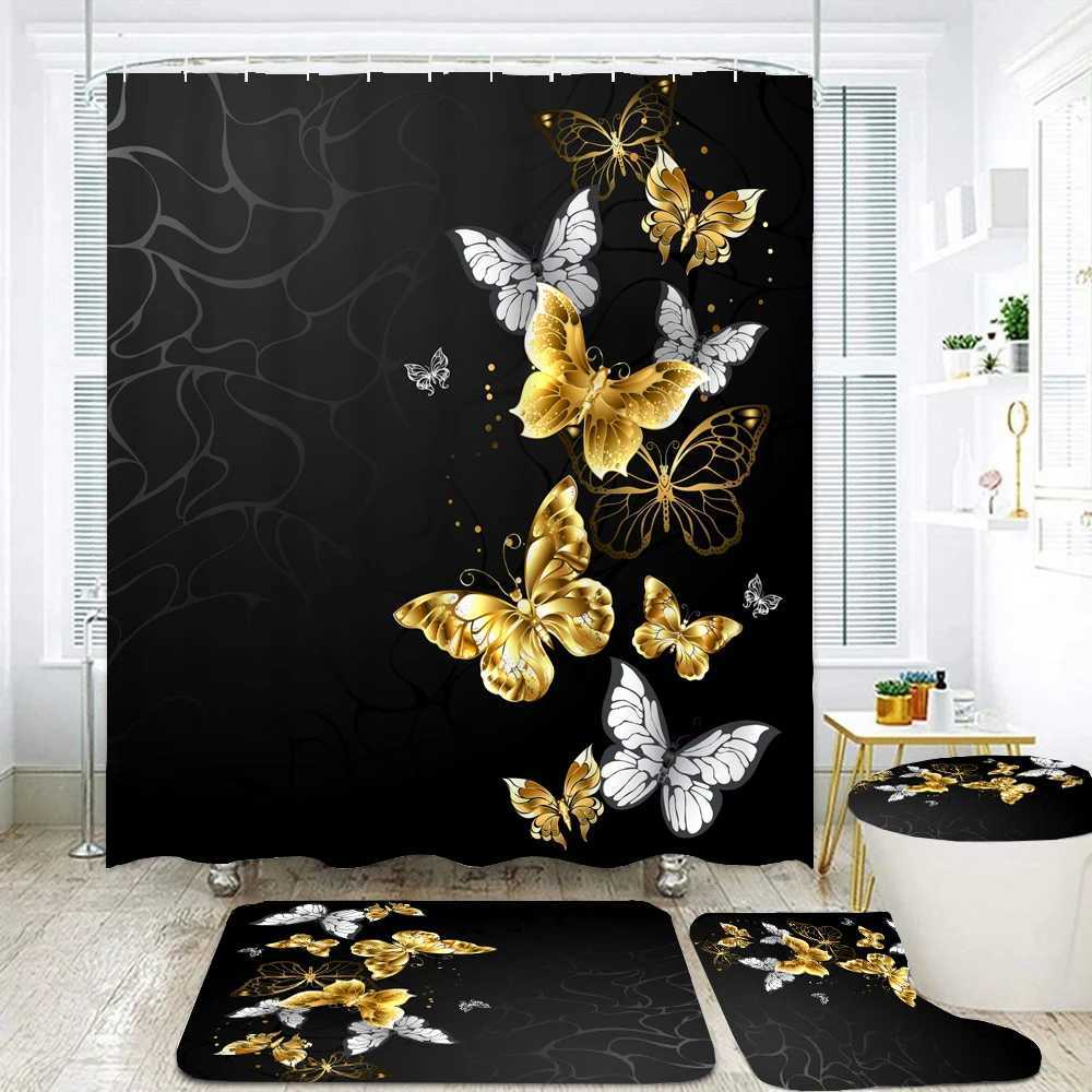 Waterproof Shower Curtain Sets with Rugs Golden Butterfly Print Bath Rug and Mats with Hooks Toilet Seat Cover Bathroom DecorT250306