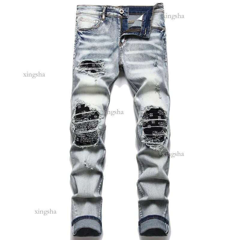 Men's Jeans Men Paisley Bandana Print Patch Streetwear Patchwork Holes Ripped Stretch Denim Pants Slim Straight Biker Trousersm