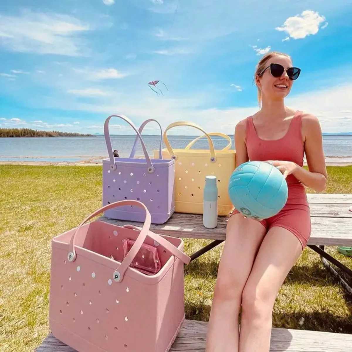 L/XL Beach Bag Rubber EVA Waterproof Storage Basket Extra Large Women Shopping Shoulder Handbag Beach Jelly Sac Tote BagXJ250308