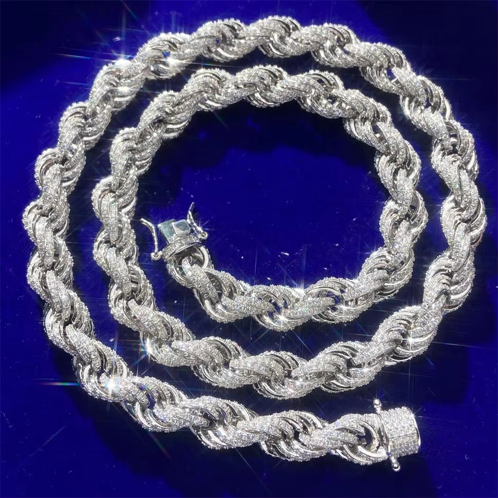 10mm Solid Gold 10k 14k Plated VVS Moissanite Diamond Round Cut Silver Rope Link Chain