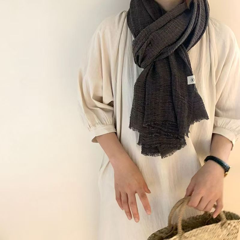 T247 Japanese retro literary autumn and winter new cotton and linen scarf female solid color versatile shawl travel sunscreen scarf neck