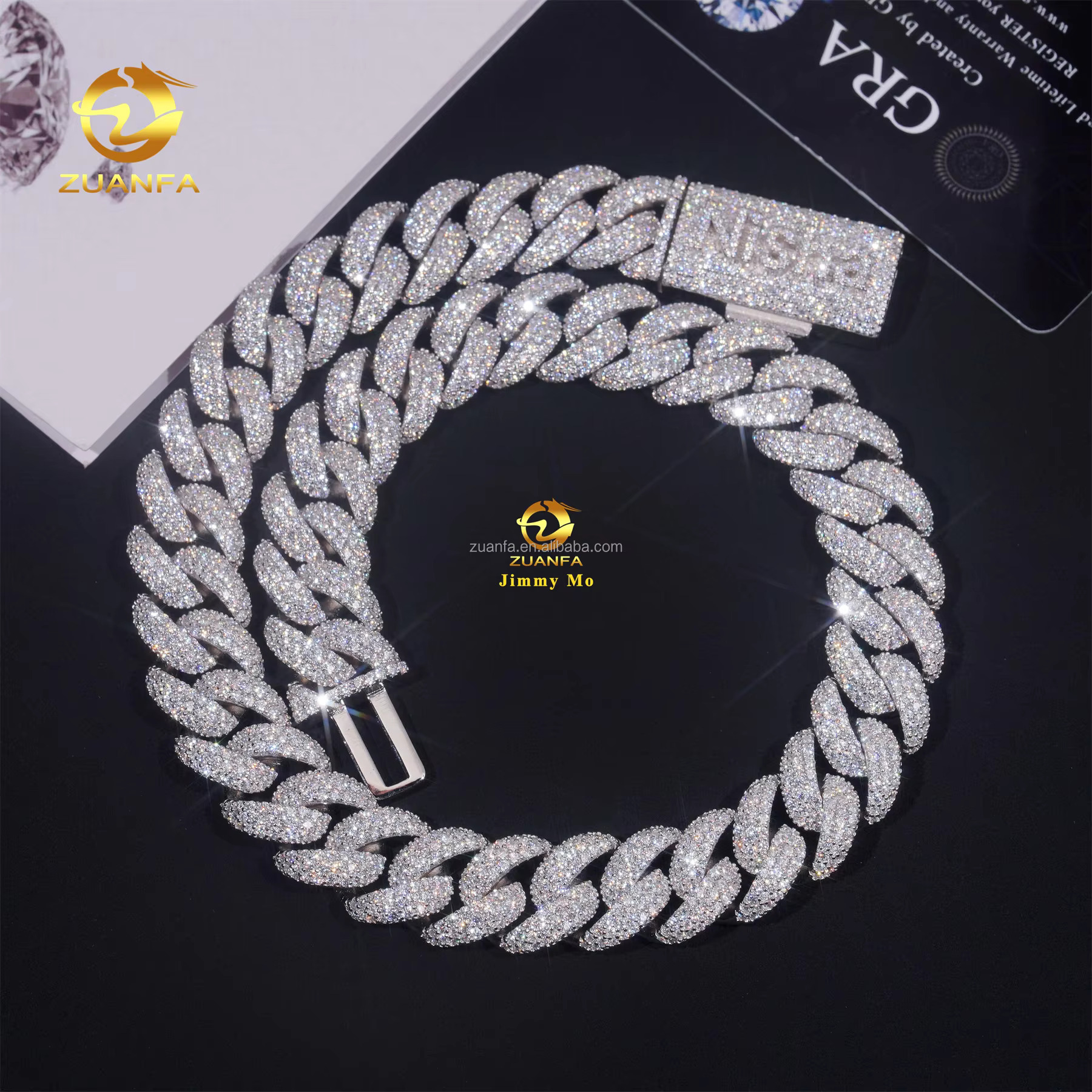 Custom Name Lock 15mm Prong Setting GRA 925 Silver Rhodium Plated Iced Out Hip Hop Moissanite Diamond Miami Cuban Link Chain
