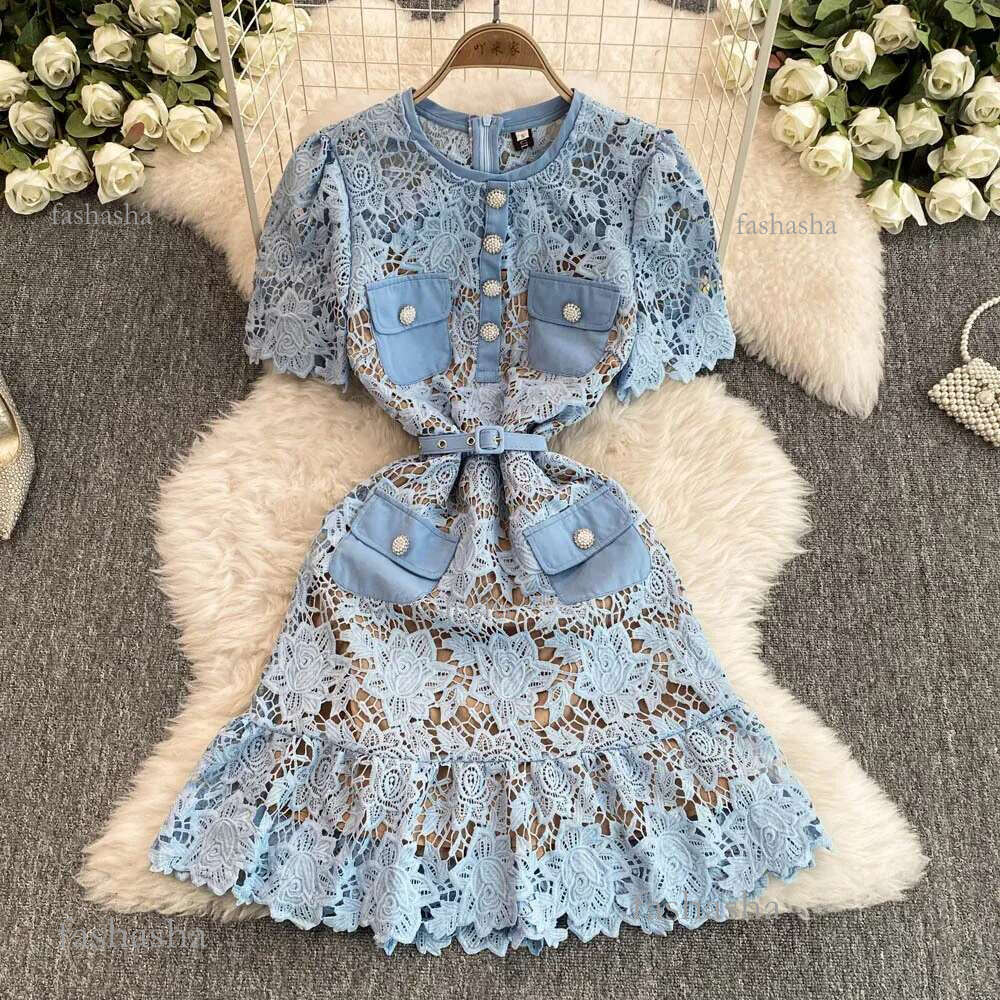 Casual Dresses Summer Quality Summer Embroidery Fishtail Short Evening Prom Dress Women Blue Beaded Button Ruffle Belt Mini Party Flower Dresses Brand
