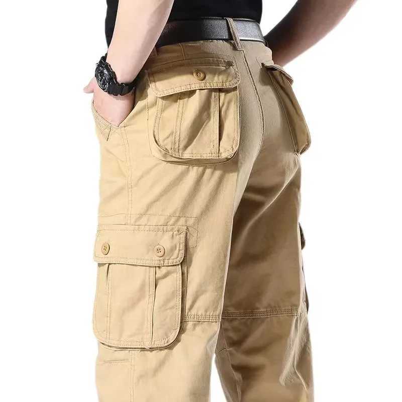 Mens Casual Cotton Cargo Pants Elastic Waist Plus Size Loose Fit Multi-Pocket Construction Work PantsT250308
