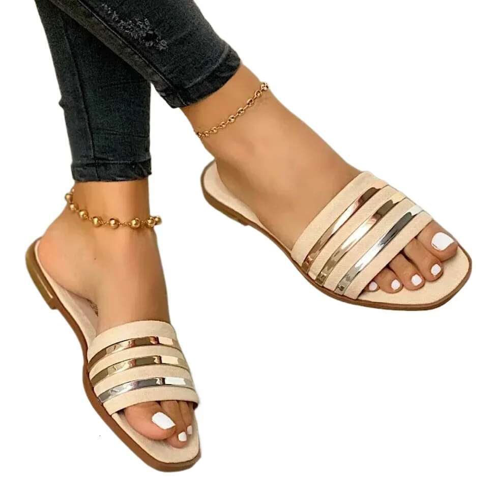 Free Shipping 2025 Summer Women's Slippers New Metal Striped Designer Sandals Summer Flat Shoes Fashion Designer Trendy Niche Sliding Slippers