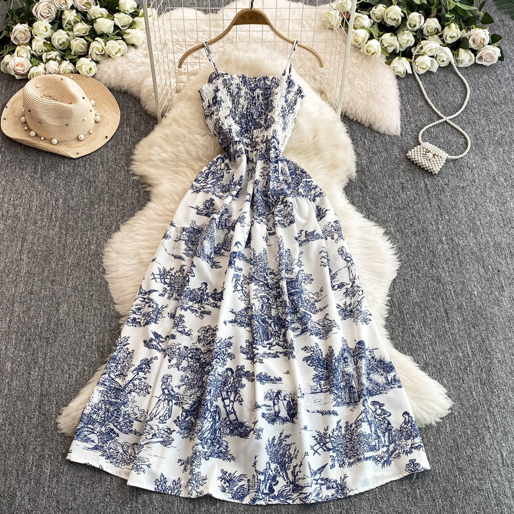 2025 New Chiffon Printed Designer Dress With Backless Vest Suitable For Women's Elastic Waist Slimming Outdoor Leisure Beach Vacation Mid Length 