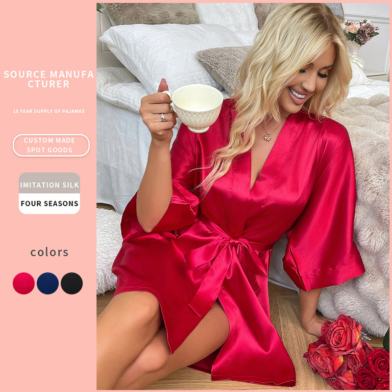 Cross-border spring/summer leisure loose cardigan lace-up bathrobe sexy imitation silk nightgown casual thin home wear pajamas