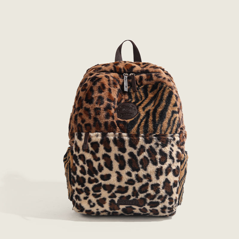 2025S new designer animal leopard print spliced contrasting color plush large capacity versatile travel for male and female students in class backpack