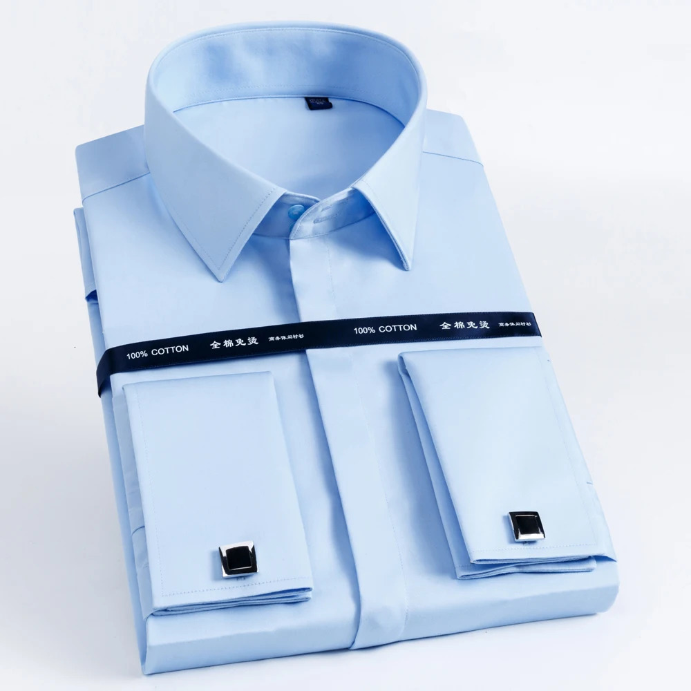 Mens 100% Cotton Iron-Free French Cuff Shirt Front Hidden Buttons Removable Collar Stays Formal Business Long Sleeve Shirts 250306