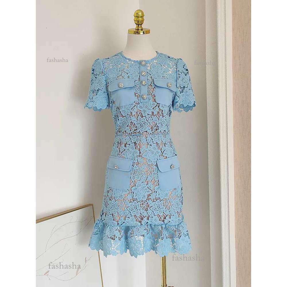 Basic Casual Women Dresses Summer Runway Hollow Out Flower Embroidery Lace Ruffles Mini Dress Womens O-Neck Diamonds Buttons Belt Party Short Vestidos