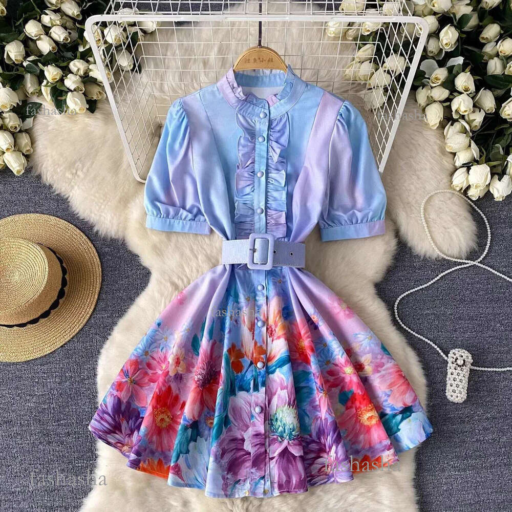 Spring Summer Runway Designer Flower Linen Dress Women Ruffles Lantern Sleeve Single Breasted Short Vest