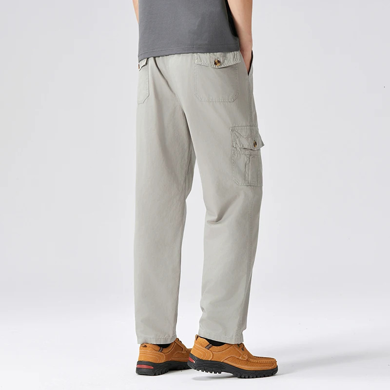 100 Cotton Mens Cargo Pants Straight Fit Loose Work Trouser Male Spring Summer High Waist Big Size Large Plus Elastic Pocket 250305Z