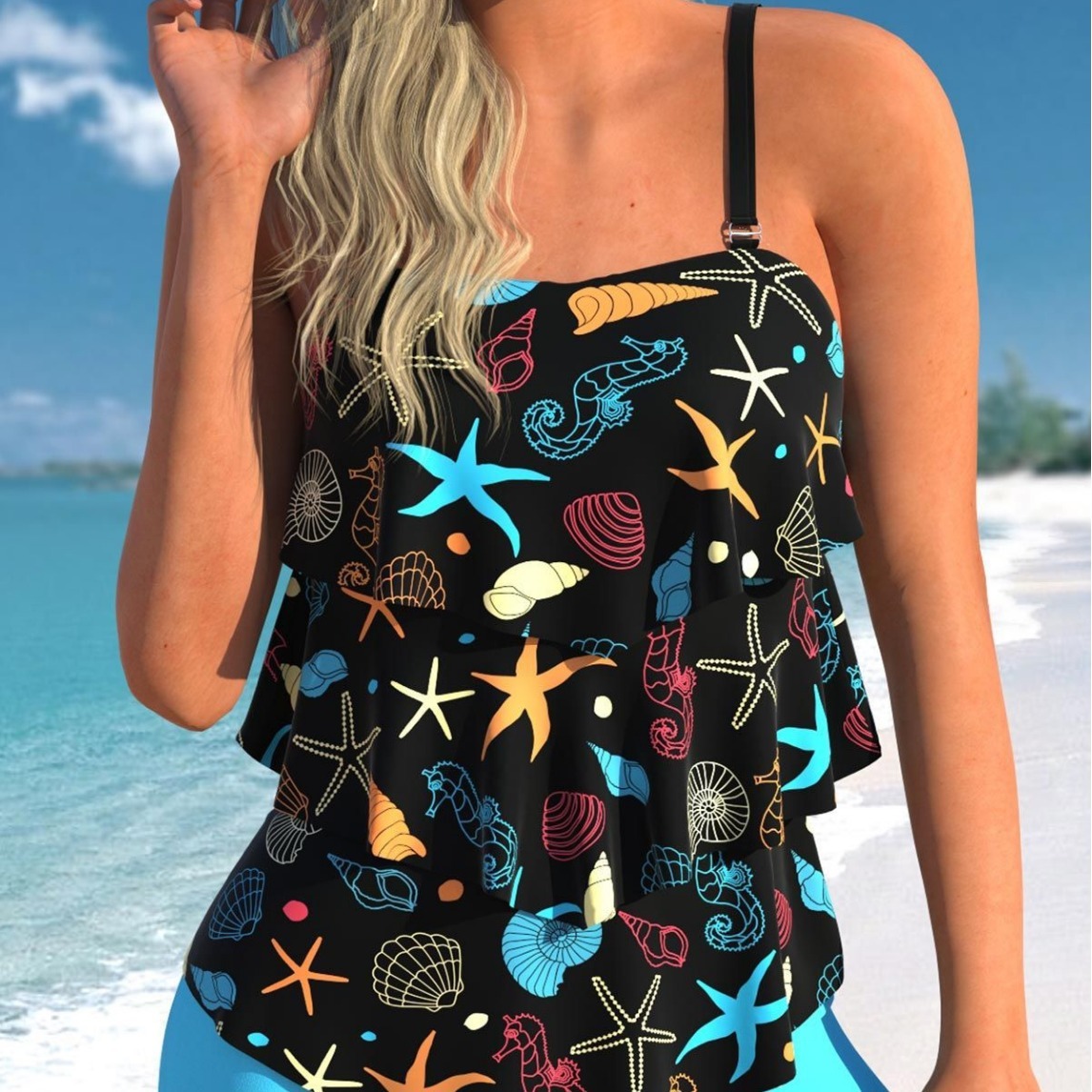 New Large Split Conservative Bikini Starfish Print Multi-layer Ruffle Swimsuit