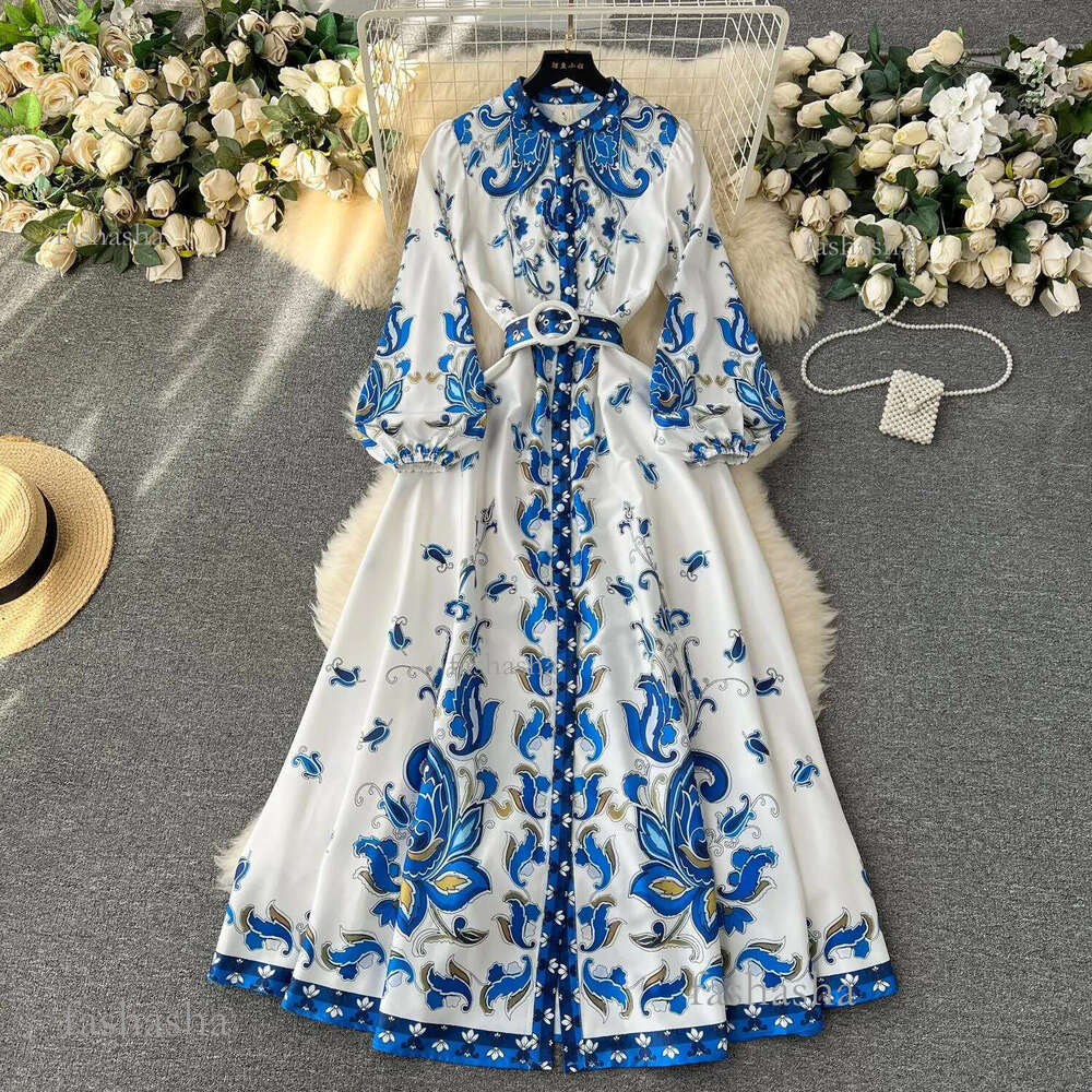 Casual Dresses Autumn Runway Blue Flower Dress Womens Stand Long Sleeve Single Breasted Floral Print Belt Holiday Boho Maxi Vestidos