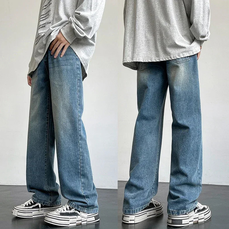 2025 Korean style mens casual long jeans classic straight denim wide leg pants solid color light blue gray up to 3XL y250305