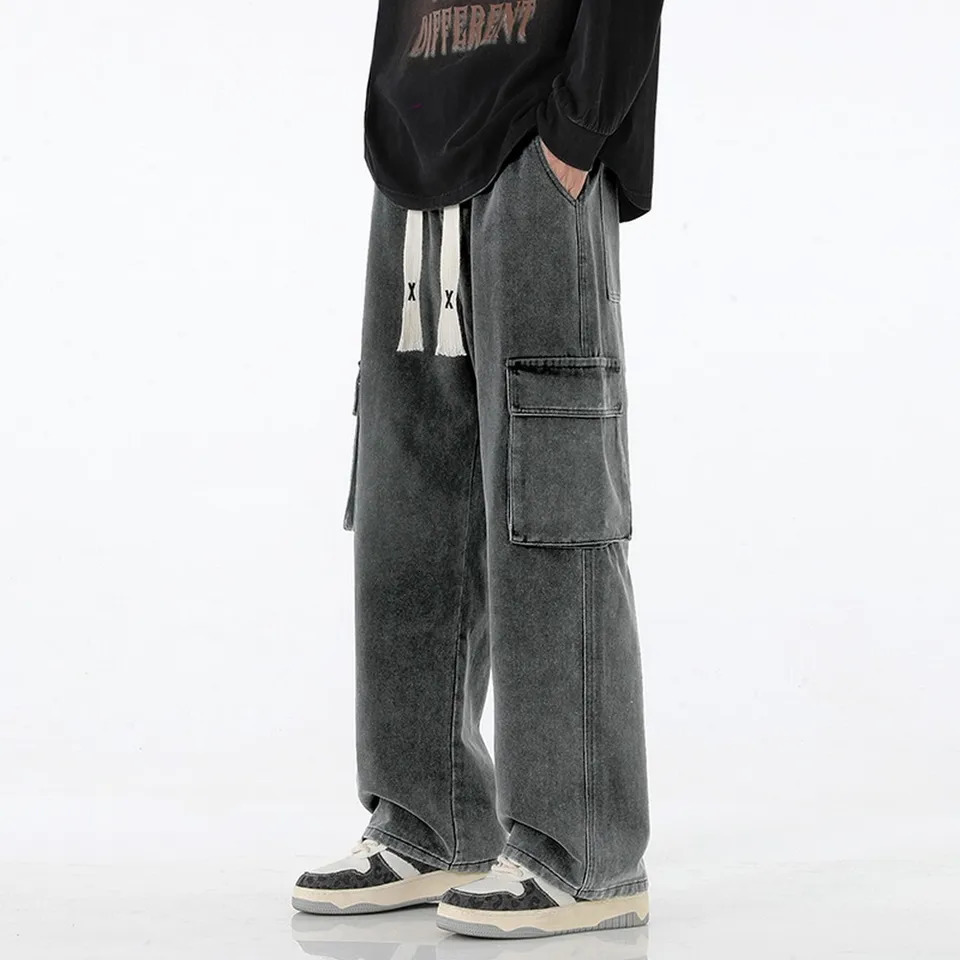 Retro Y2K pocket jeans mens American streetwear straight denim cargo pants solid wash elastic waist Pantalones 250305