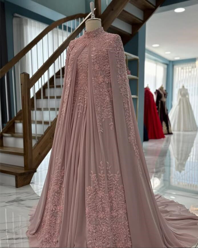Pale Pink Muslim Arabic Evening Dresses with Cape Wrap Applique Lace Customsized Turkey Caftan Gelinlik Prom Gown Garment