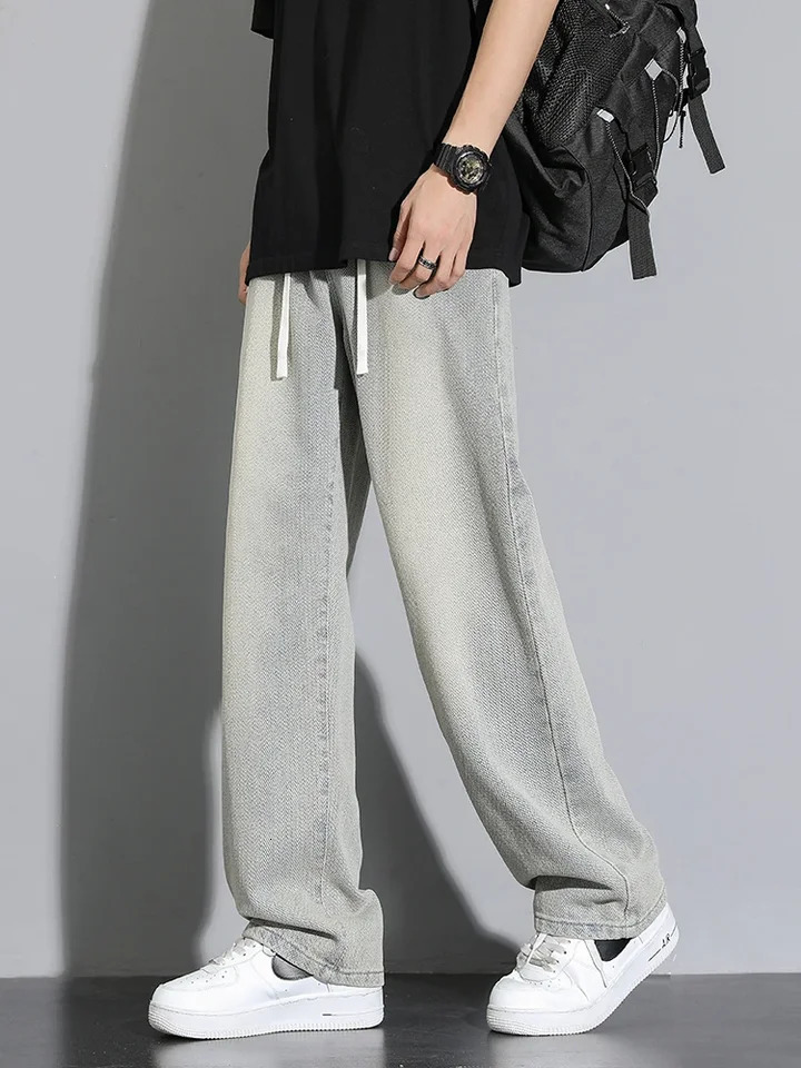2025 Mens Casual Long Jeans Korean StyleClassic Straight Denim WideLeg Pants Solid Colors Light Blue Grey Black up to 3XL 250305
