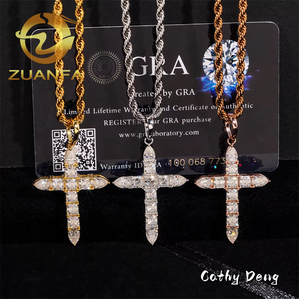 Trendy Hip Hop Jewelry Asscher Cut Moissanite Cross Pendanticed Iced Out Pendant Silver 925 Moissanite Charm Cross Pendant