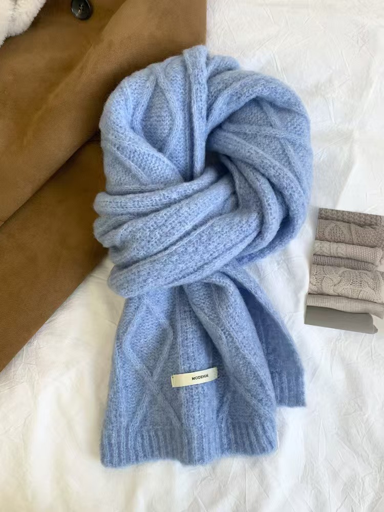 K074 Avocado green wool knitted wool scarf for women autumn and winter Korean style solid color warm thick student twisted scarf