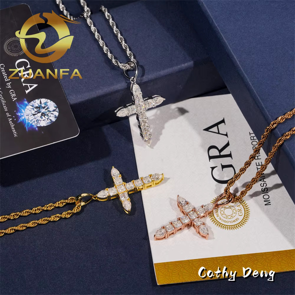 Trendy Hip Hop Jewelry Asscher Cut Moissanite Cross Pendanticed Iced Out Pendant Silver 925 Moissanite Charm Cross Pendant